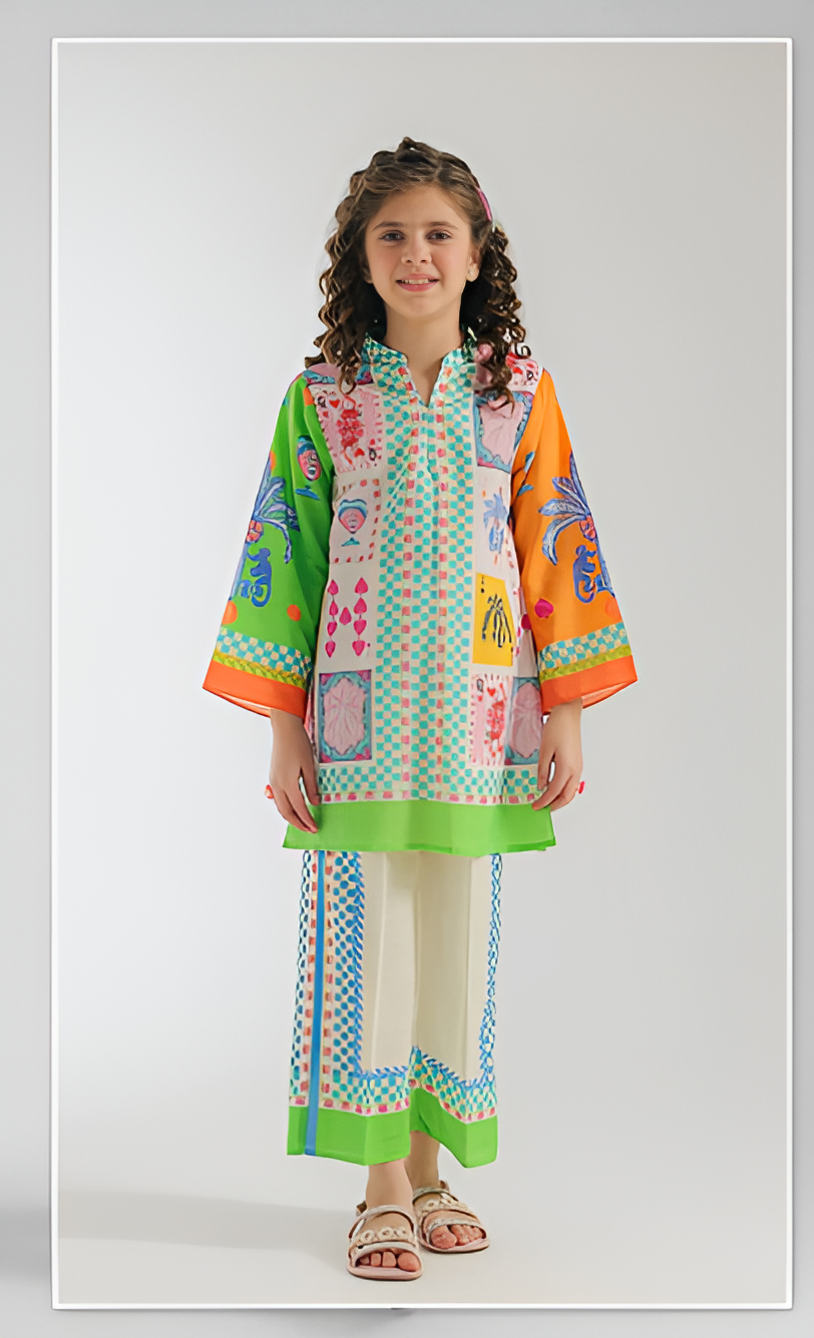 Girls Printed Summer Lawn Suit 2-Piece Ethnic Wear Set with Colorful Butterfly & Floral Design | Soft & Breathable Fabric for Kids