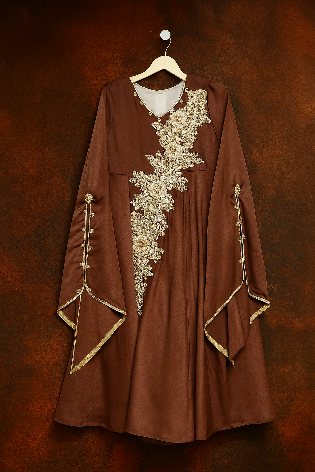 Girls Maroon Embroidered Maxi Dress with Bell Sleeves Formal Party Wear for Eid & Weddings (Size 22–32)