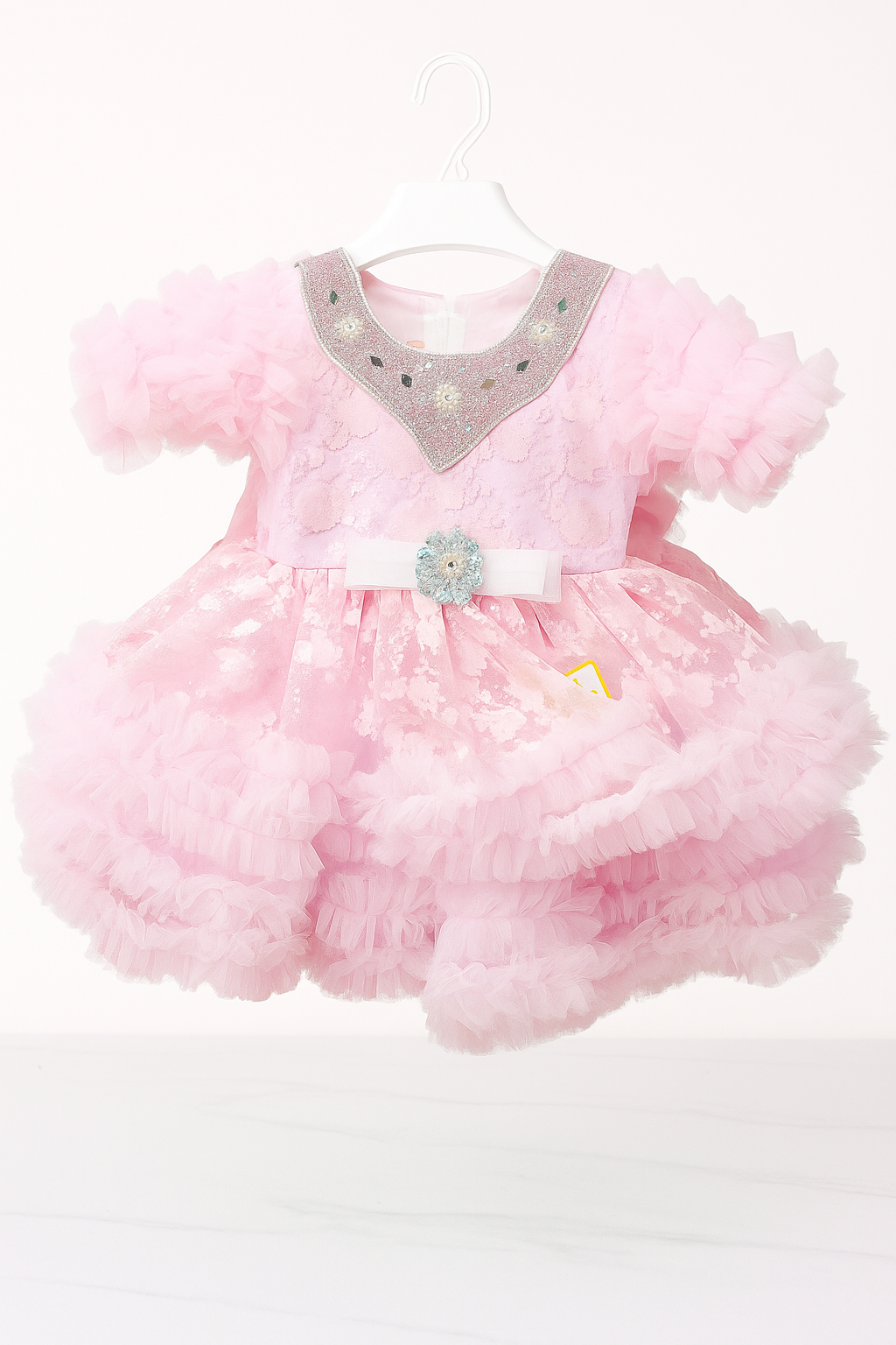 Elegant Baby Girl Party Dress with Ruffled Sleeves, Floral Lace & Rhinestone Belt Infant & Toddler Special Occasion Outfit