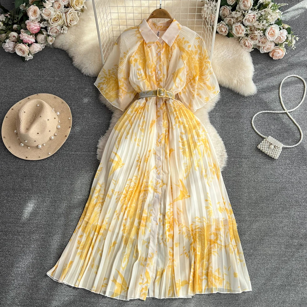 Pleated Casual Dresses Retro Short Sleeves a Line Single Breasted Waist Belt Dress Celebrity Flower Printing Women Clothes