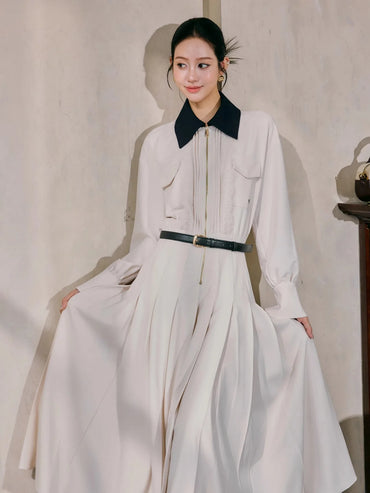 Autumn New High Quality Long Shirt Dress with Elegance Waist Cinching Contrasting Colors Lapel Collar Casual Style