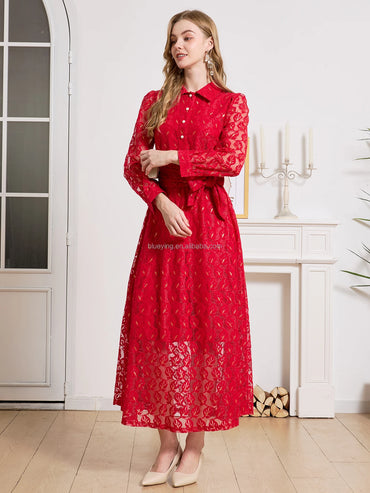 Elegant Women Vintage Party Dress Long Sleeve Turn-down Collar Luxury Casual Style Hollow Lace Vestidos Fashion Casual Clothing