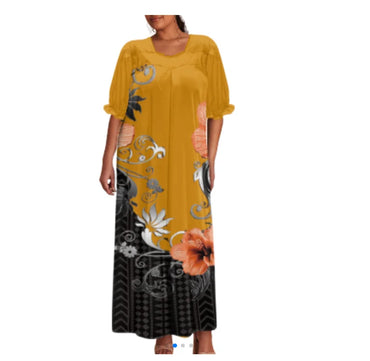Custom Branded Clothing Robe Femme Autumn Maxi Dress Ladies Yellow Floral Puff Sleeve Ruffles Modest Women Casual Midi Dress