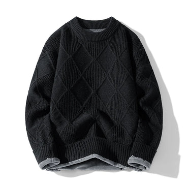 Zeimal Men Lozenge Jacquard Plus Fleece Autumn Winter 2024 New Crewneck Bottom Thickened Warm Sweater