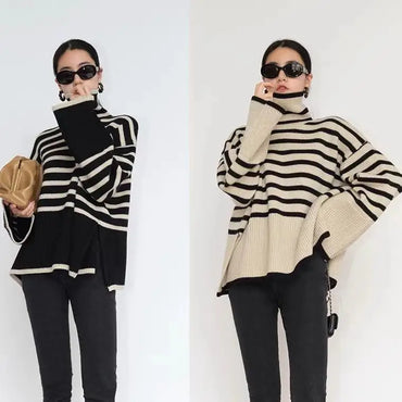Striped High Neck Sweater for Women's New Autumn Loose Design Sense Knitted Shirt Color Matching Pullover Sweater