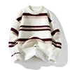 Zeimal Men Autumn Crewneck Loose Fashion Sweater Plus Fleece Thick Knit Color Matching Striped Line Sweater