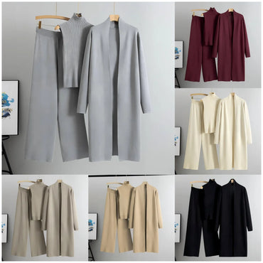Vintage Fashion Ladies 3-Piece Set Long Cardigan Knitted Pant Ladies Sweater Suit-Casual Spring Autumn Styles