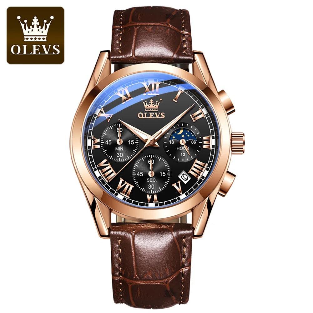 Olevs 2871 Oem logo Luxury Fashion Glass moon Quartz Analog Leather Casual Leather Strap Men Wristwatch Quartz Watch for Man