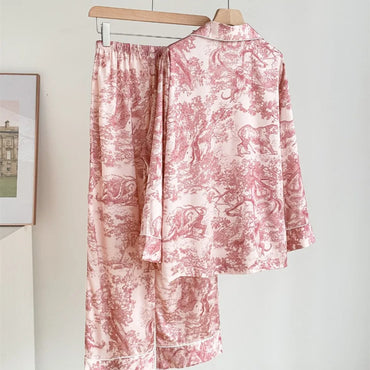 2024 New Design Silk Ladies Pajamas Autumn Elegant Jungle Print Women's Plus Size Sleepwear Long Sleeve Trousers Home Wear Set