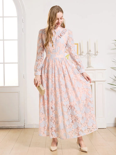 Women's Elegant Floral Lace Dress Embroidered Technique Stand Collar Long Sleeve Luxury Evening Prom Vestido Woven Party Dress