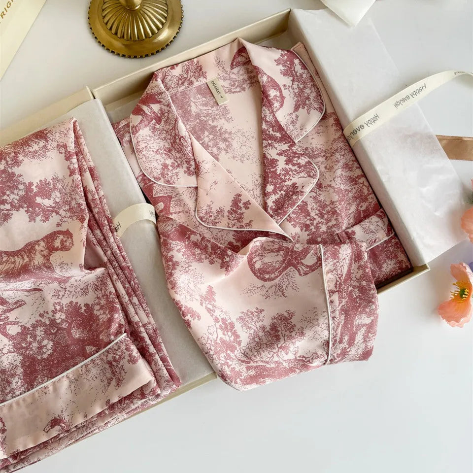 2024 New Design Silk Ladies Pajamas Autumn Elegant Jungle Print Women's Plus Size Sleepwear Long Sleeve Trousers Home Wear Set