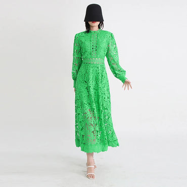 TWOTWINSTYLE Elegant Summer Women Dress Stand Collar Long Sleeve High Waist A-Line Pleated Hollow Out Floor Length Solid