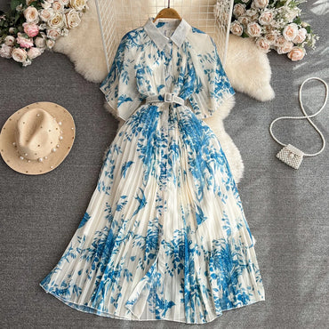 Pleated Casual Dresses Retro Short Sleeves a Line Single Breasted Waist Belt Dress Celebrity Flower Printing Women Clothes