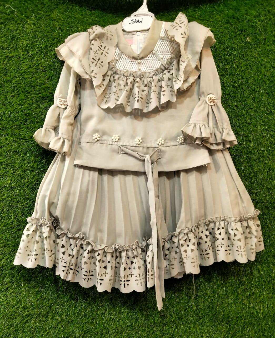 Girls Light Grey Party Dress with Ruffles, Floral Belt & Pleated Skirt Elegant Laser Cut Frock for Special Occasions
