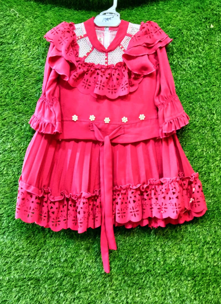 Girls Designer Red Frock with Laser Cut Detailing & Ruffle Sleeves Elegant Pleated Skirt & Floral Waist Belt | Party Wear Dress