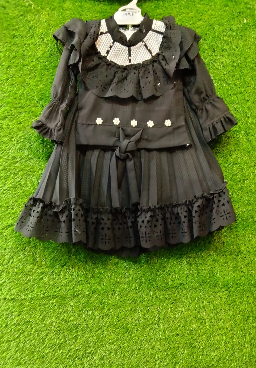 Girls Black Designer Frock with Lace Yoke, Ruffles & Laser Cut Hem Elegant Party Wear Dress with Floral Waist Belt