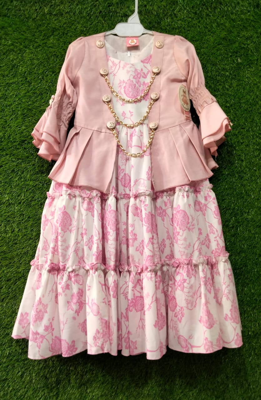 Girls Pink Floral Frock with Stylish Jacket & Chain Detail Elegant Ruffle Sleeves & Tiered Skirt | Party Wear Outfit