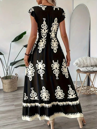 Women Elegant V Neck Short Sleeves Dresses Geometric Pattern Vacation Style Floral Print Dress Beach Sundress Size S-XXL