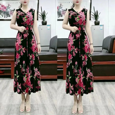 Women's Clothing Sleeveless Midi Dress Casual V-Neck A-Line Waist Summer New Vintage Broken Flowers Folk Stylish Folds Sundress