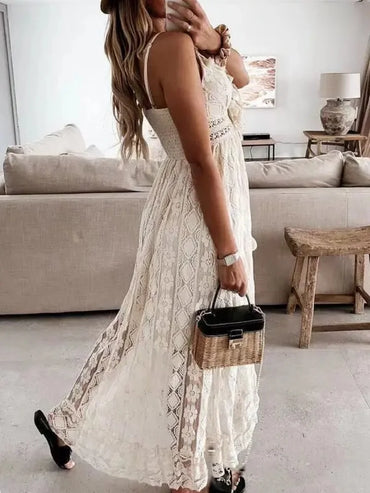 2024 Summer Lace Sleeveless Women Dress V Neck Hollow Out Elegant Loose Dresses Fashion Sexy Beach Vacation Long Dress