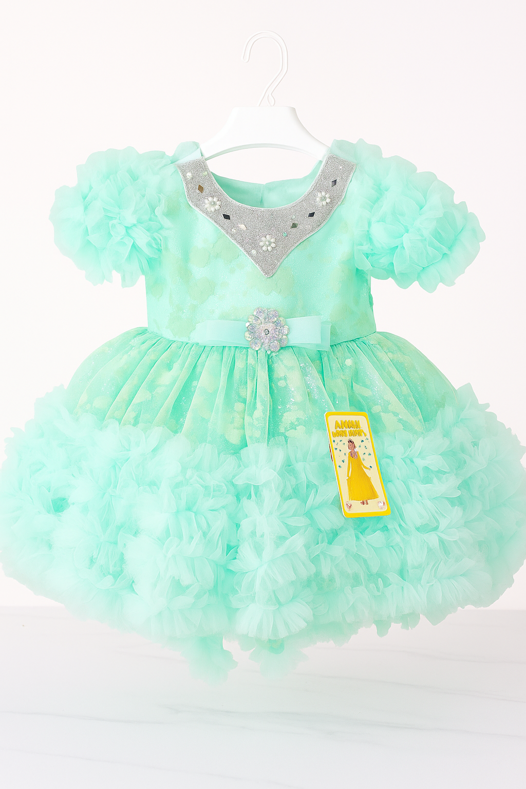 Elegant Baby Girl Party Dress with Ruffled Sleeves, Floral Lace & Rhinestone Belt Infant & Toddler Special Occasion Outfit