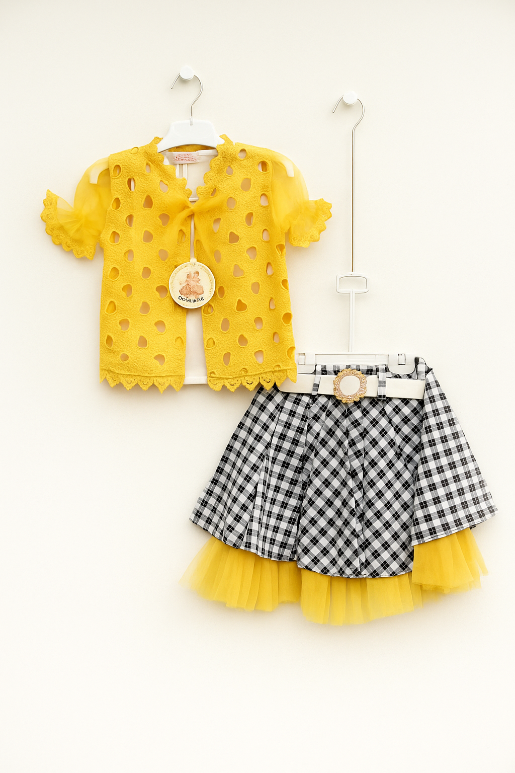 Girls Yellow Lace Top and Gingham Skirt Set with Tulle Trim Stylish Party Wear for Ages 14–24