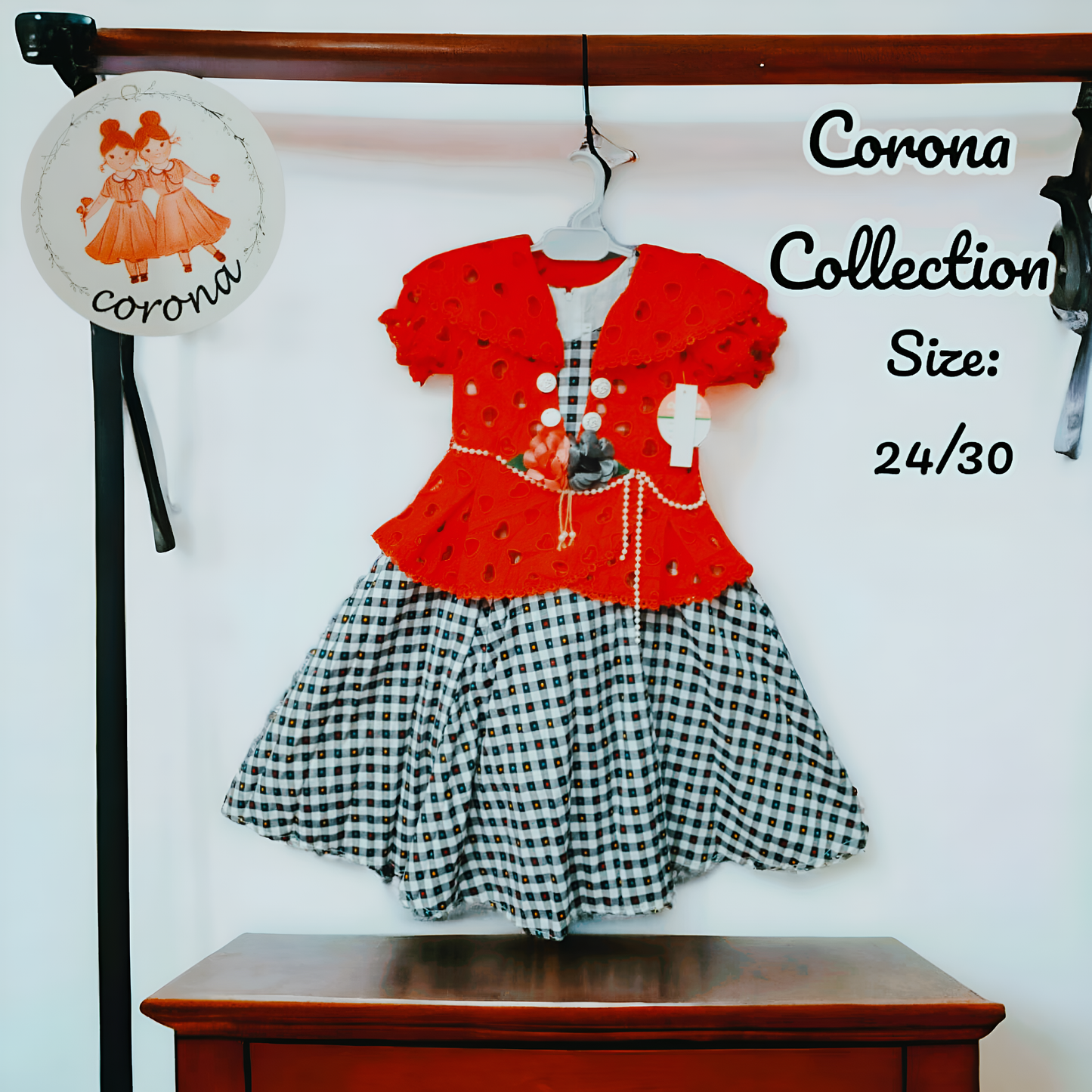 Girls Imported Designer Frock Red Embroidered Top with Black & White Checkered Skirt | Sizes 24–30 | Stylish Party Wear Dress