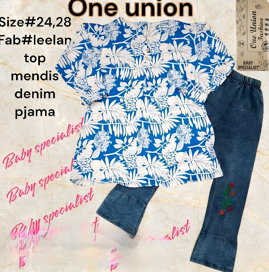 Girls Blue Floral Leelan Top with Embroidered Denim Pajama Set Comfortable Casual Baby & Toddler Clothing (Size 24, 28)