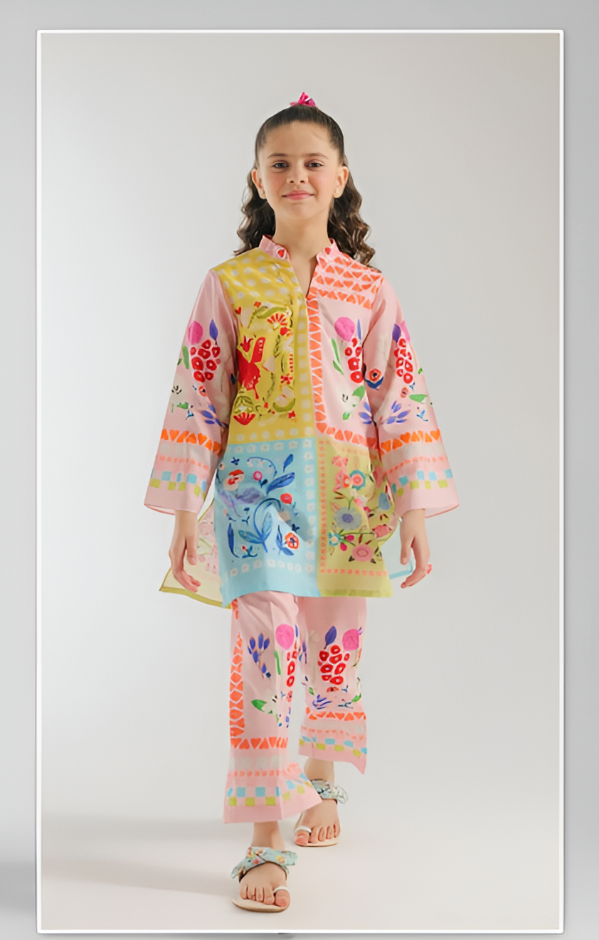 Girls Printed Summer Lawn Suit 2-Piece Ethnic Wear Set with Colorful Butterfly & Floral Design | Soft & Breathable Fabric for Kids