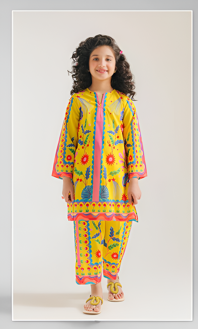 Girls Printed Summer Lawn Suit 2-Piece Ethnic Wear Set with Colorful Butterfly & Floral Design | Soft & Breathable Fabric for Kids