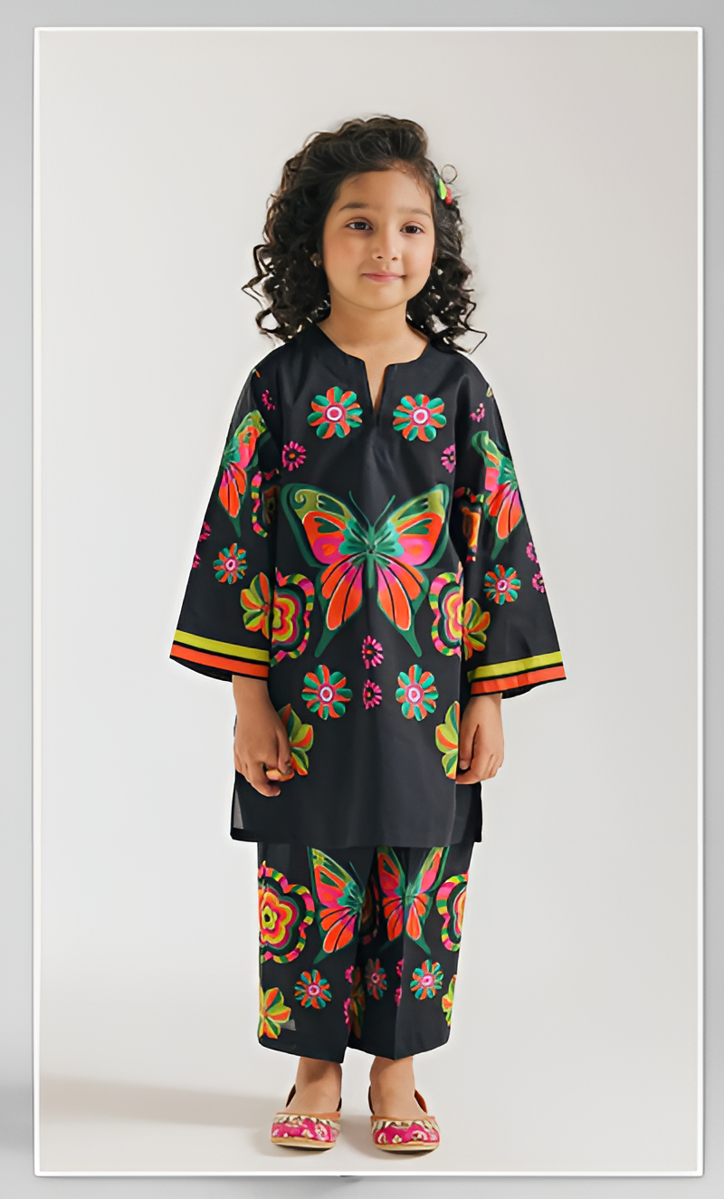 Girls Printed Summer Lawn Suit 2-Piece Ethnic Wear Set with Colorful Butterfly & Floral Design | Soft & Breathable Fabric for Kids