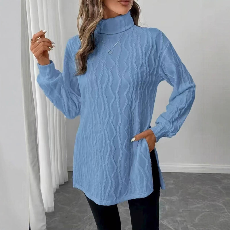 Women's Elegant Turtleneck Sweater, Solid Color Long Sleeve Knit Top With Slit Hem For Spring Fall Wear