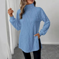 Women's Elegant Turtleneck Sweater, Solid Color Long Sleeve Knit Top With Slit Hem For Spring Fall Wear