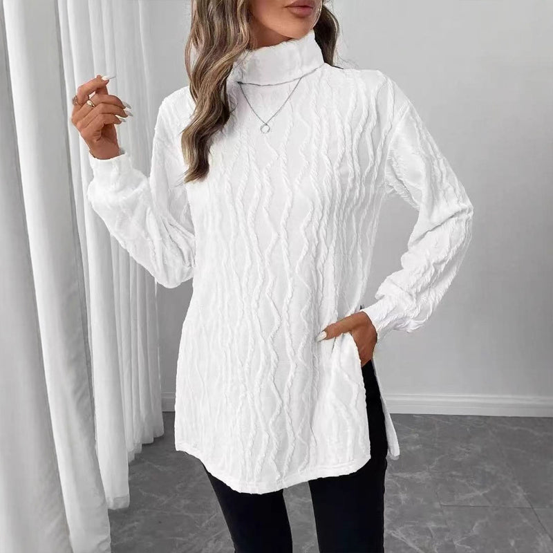 Women's Elegant Turtleneck Sweater, Solid Color Long Sleeve Knit Top With Slit Hem For Spring Fall Wear