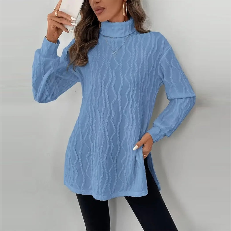 Women's Elegant Turtleneck Sweater, Solid Color Long Sleeve Knit Top With Slit Hem For Spring Fall Wear