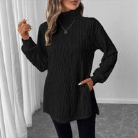 Women's Elegant Turtleneck Sweater, Solid Color Long Sleeve Knit Top With Slit Hem For Spring Fall Wear