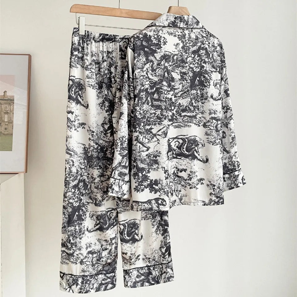 2024 New Design Silk Ladies Pajamas Autumn Elegant Jungle Print Women's Plus Size Sleepwear Long Sleeve Trousers Home Wear Set