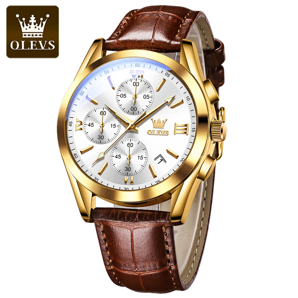 Olevs 2872 Luxury Three-Eye Belt Quartz Watch Stainless Steel Back Custom Wholesale China Men Watch Genuine Leather Strap Watch