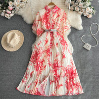 Pleated Casual Dresses Retro Short Sleeves a Line Single Breasted Waist Belt Dress Celebrity Flower Printing Women Clothes