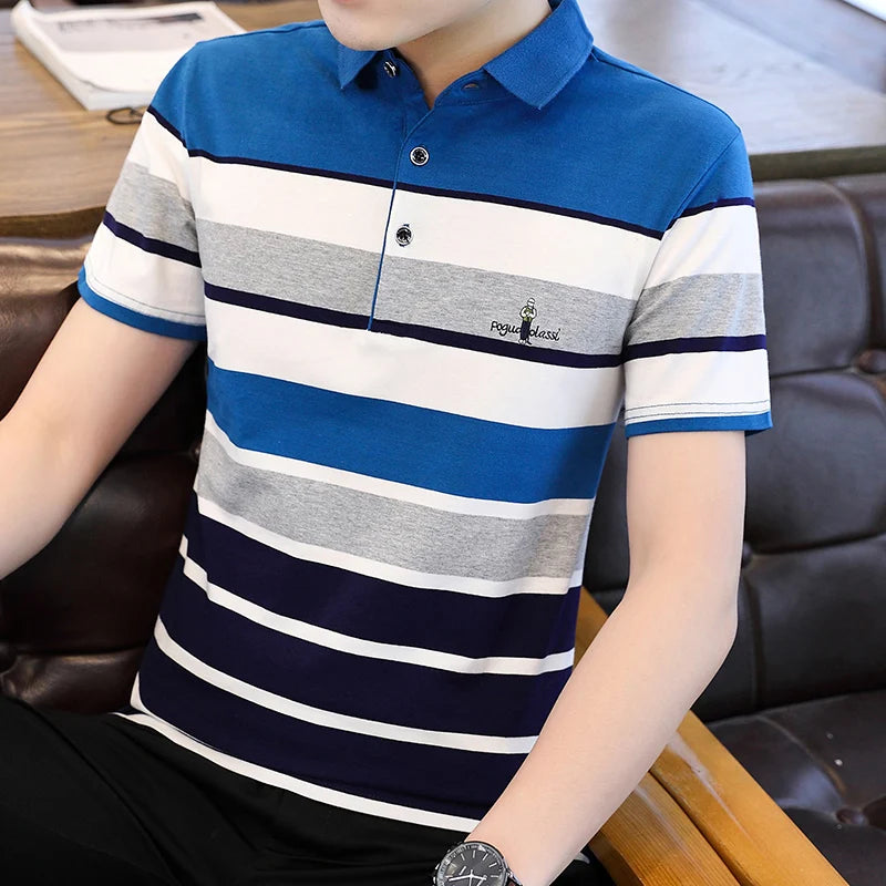 Zeimal Summer New Men's Short Sleeve T-shirt Striped Cotton Thin Business Lapel Polo Shirt