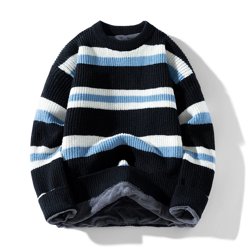 Zeimal Men Autumn Crewneck Loose Fashion Sweater Plus Fleece Thick Knit Color Matching Striped Line Sweater