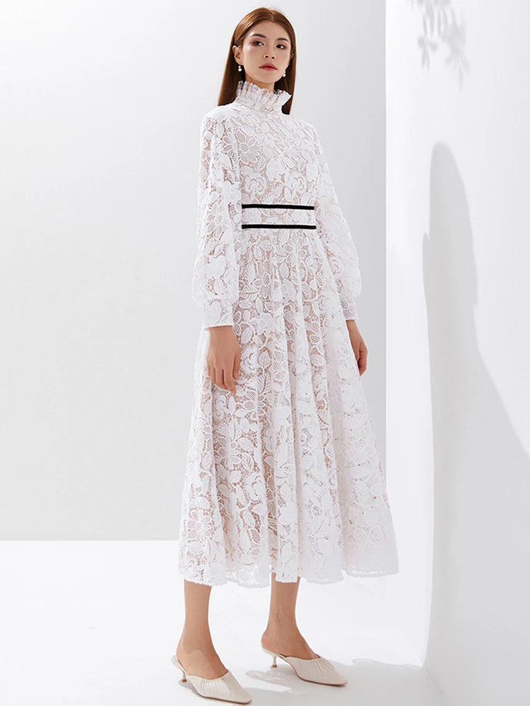 Luxury Women's Elegant White Chiffon Fabric Evening Party Maxi Dress New Long Sleeve Embroidered Vestido with Natural Waistline