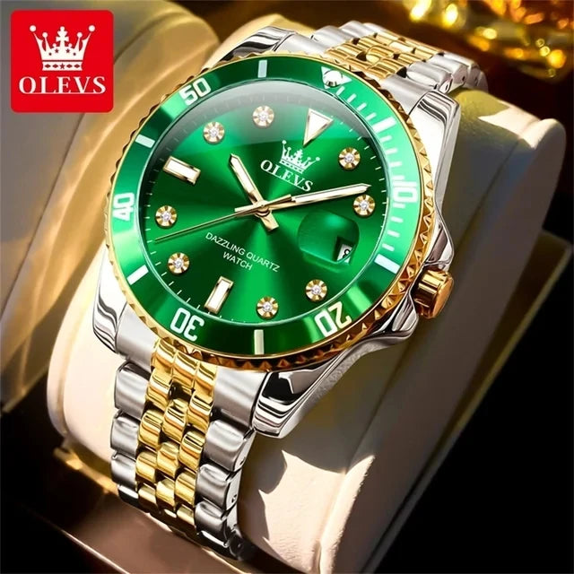 OLEVS 9809 Men's Fashion Business Stainless Steel Green Dial Calendar Display Auto Date Display Watch Charm Quartz Wrist Watches