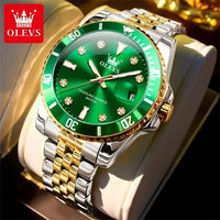 OLEVS 9809 Men's Fashion Business Stainless Steel Green Dial Calendar Display Auto Date Display Watch Charm Quartz Wrist Watches