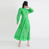 TWOTWINSTYLE Elegant Summer Women Dress Stand Collar Long Sleeve High Waist A-Line Pleated Hollow Out Floor Length Solid