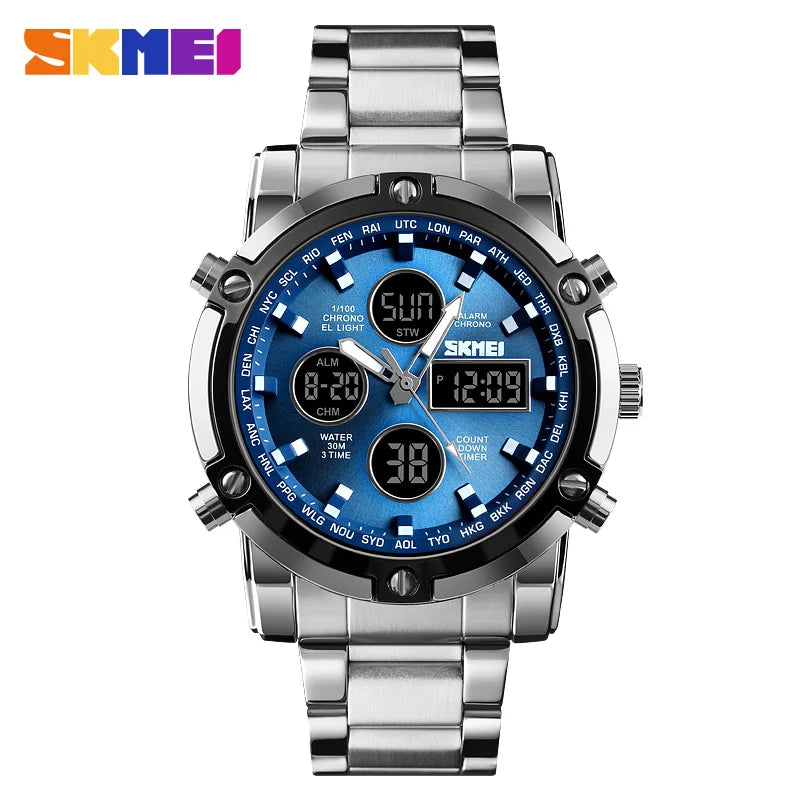 Original SKMEI Digital Quartz Watch Men Three Time Quartz Wrist Mens Watch Countdown Steel Strap Wristwatch Clock Relogio Masculino 1389