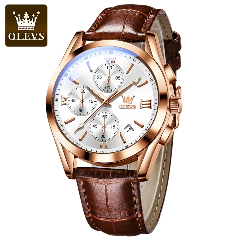 Olevs 2872 Luxury Three-Eye Belt Quartz Watch Stainless Steel Back Custom Wholesale China Men Watch Genuine Leather Strap Watch