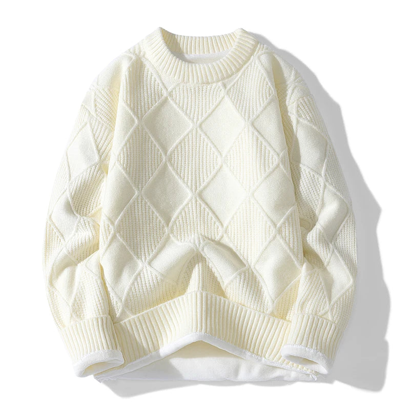 Zeimal Men Lozenge Jacquard Plus Fleece Autumn Winter 2024 New Crewneck Bottom Thickened Warm Sweater
