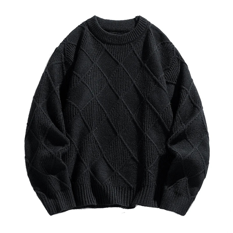 Zeimal Men Lozenge Jacquard Plus Fleece Autumn Winter 2024 New Crewneck Bottom Thickened Warm Sweater