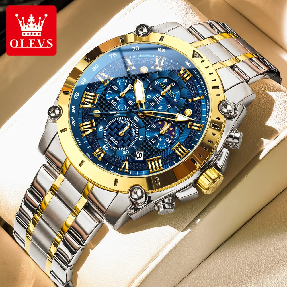 OLEVS 3689 Luxury Oem Odm Original Custom logo Stainless Steel Multi-function Chronograph Moon Phase Sports Quartz Watch for Man